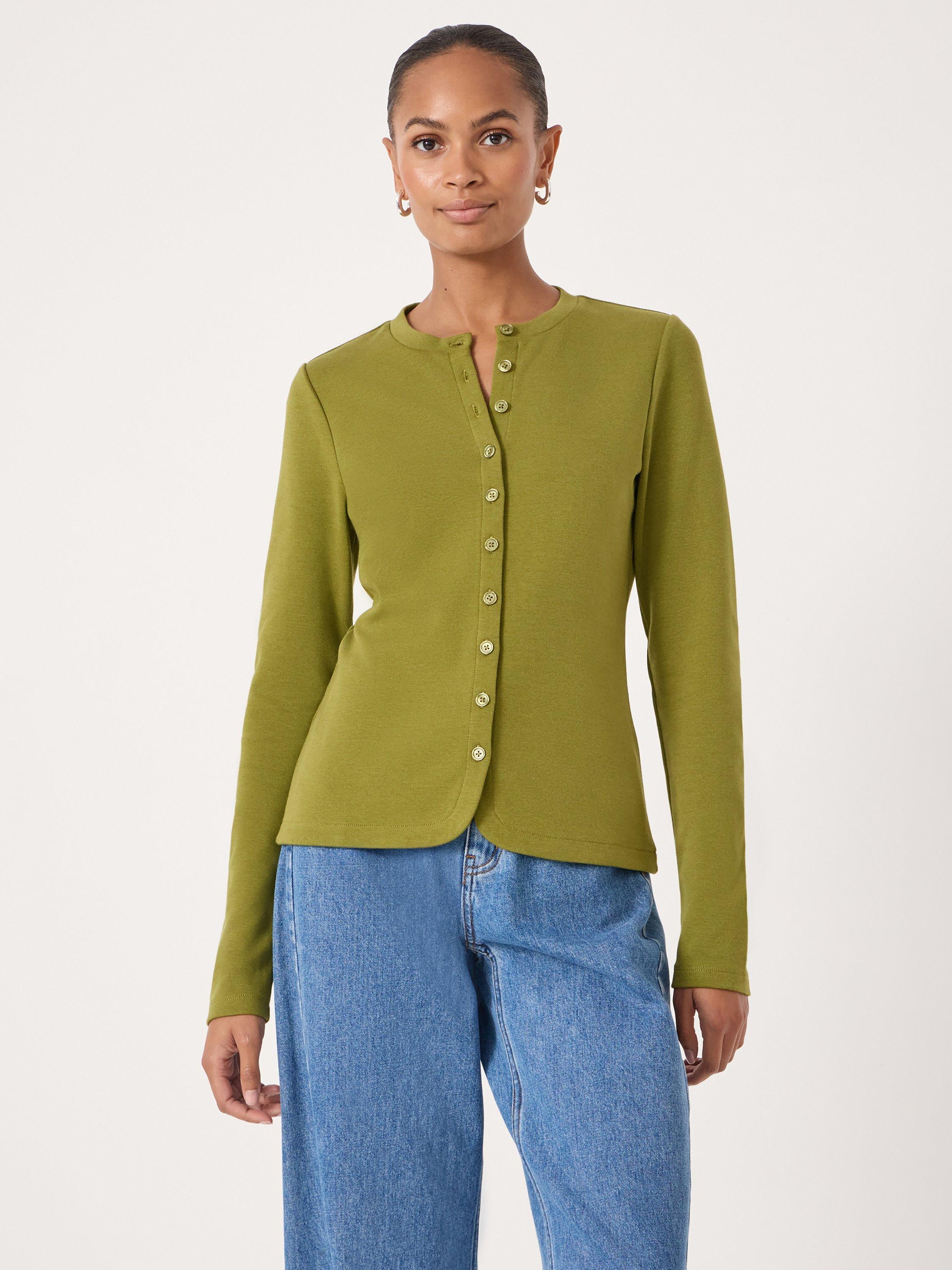 Product image 1 of 5, which shows HUSH Jersey Crew Neck  Cardigan , Peat Moss, XXS