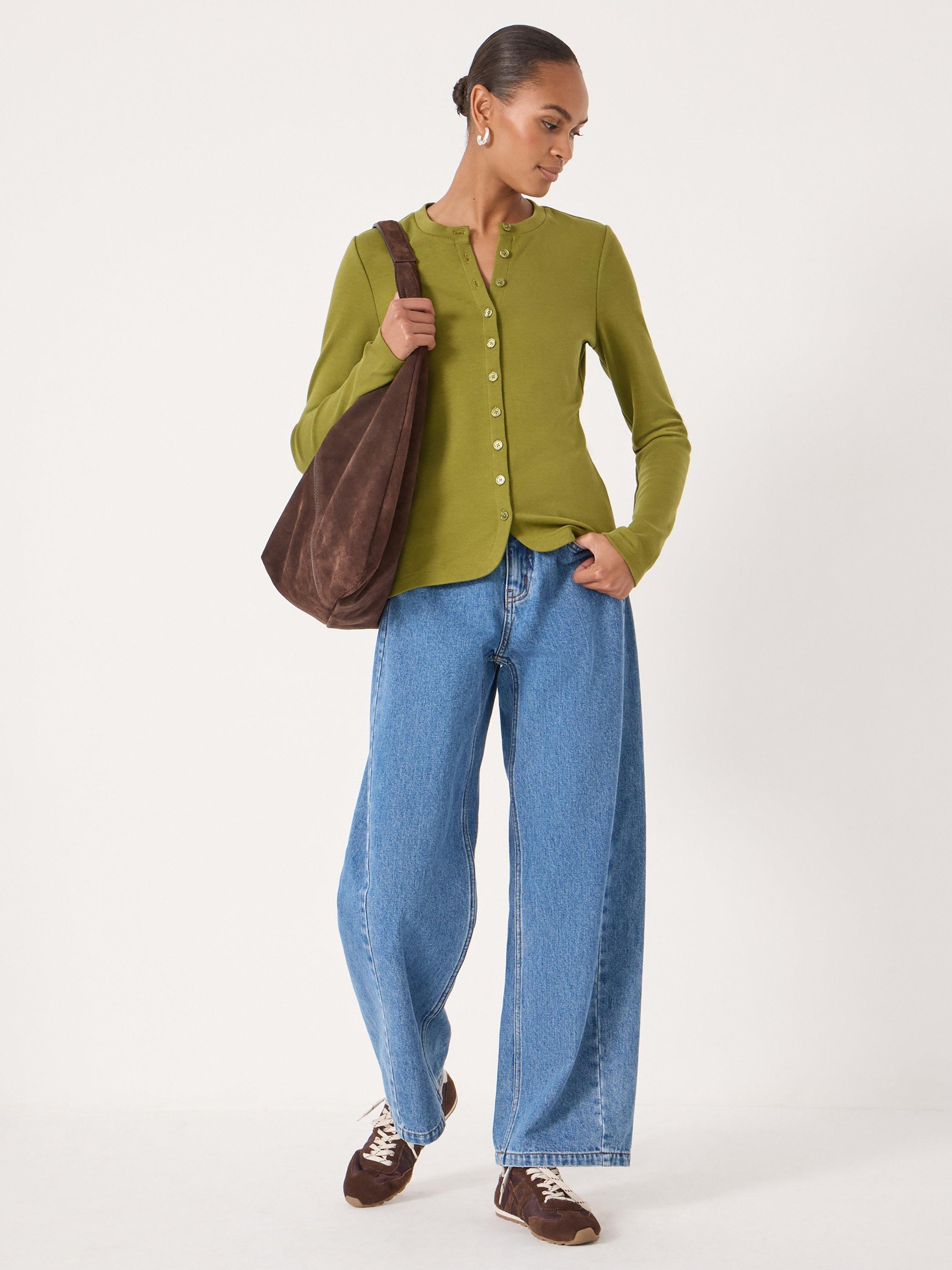 Product image 2 of 5, which shows HUSH Jersey Crew Neck  Cardigan , Peat Moss, XXS