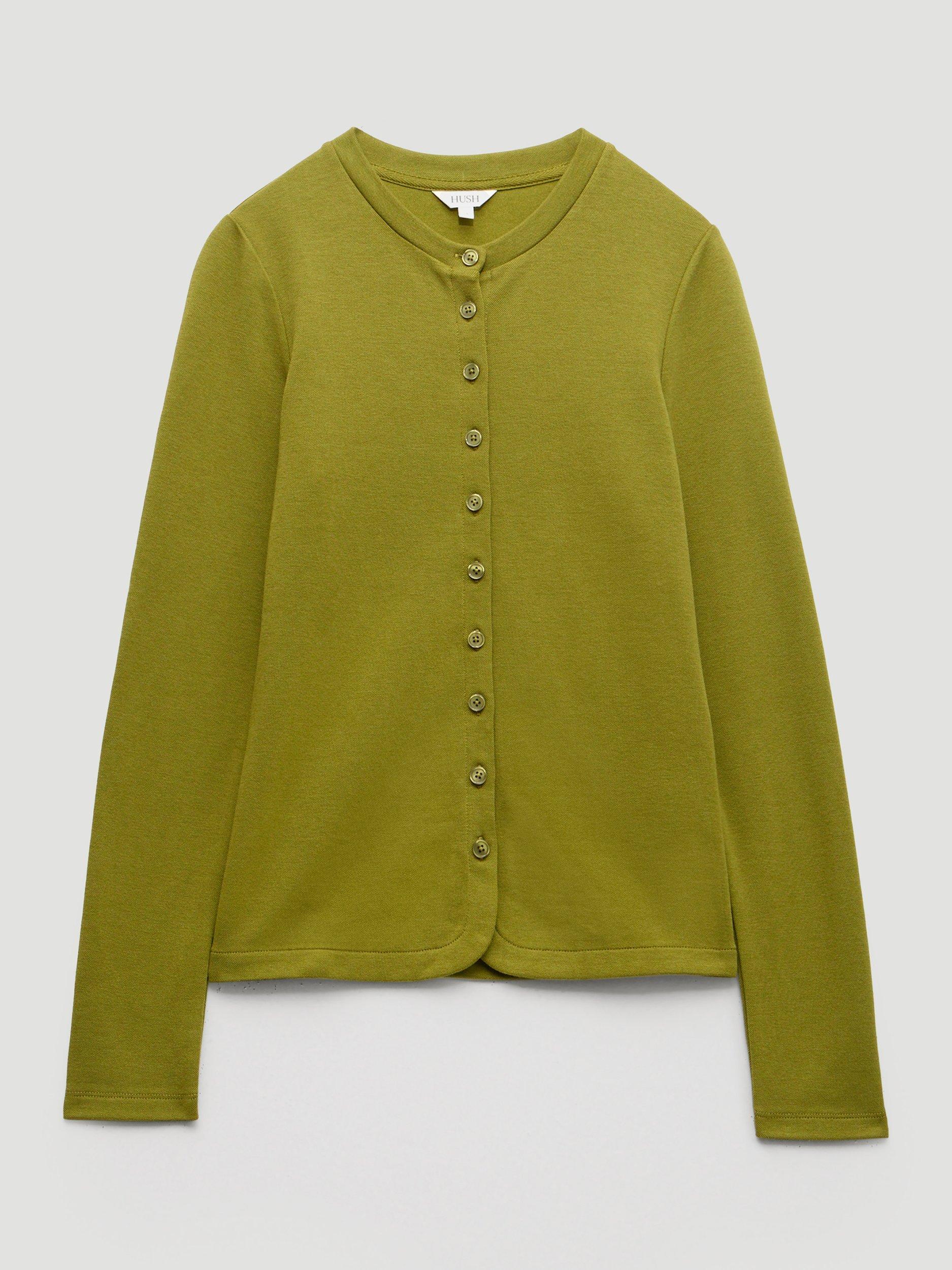 Product image 4 of 5, which shows HUSH Jersey Crew Neck  Cardigan , Peat Moss, XXS