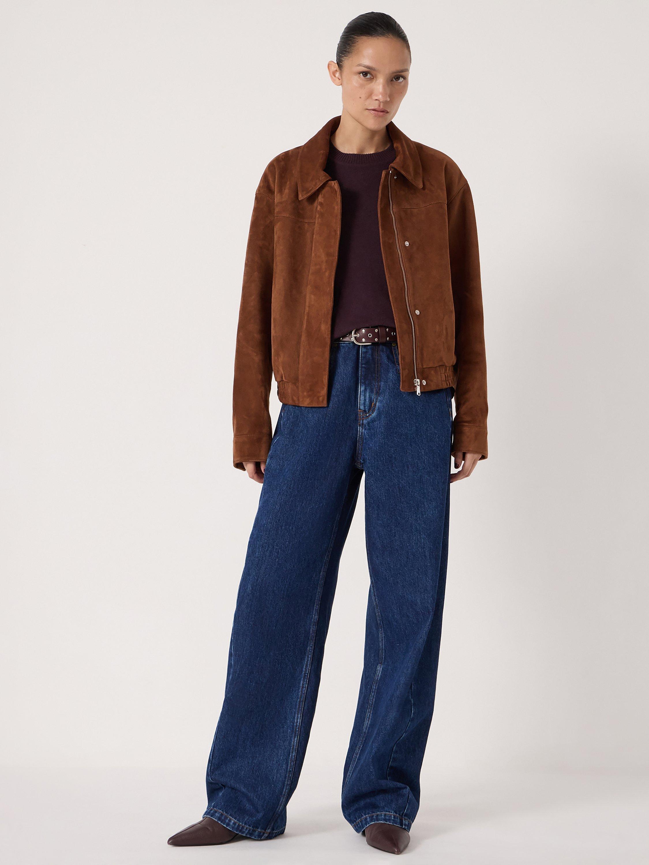 Product image 1 of 5, which shows HUSH Bomber Suede Jacket, Toffee Brown, L-XL