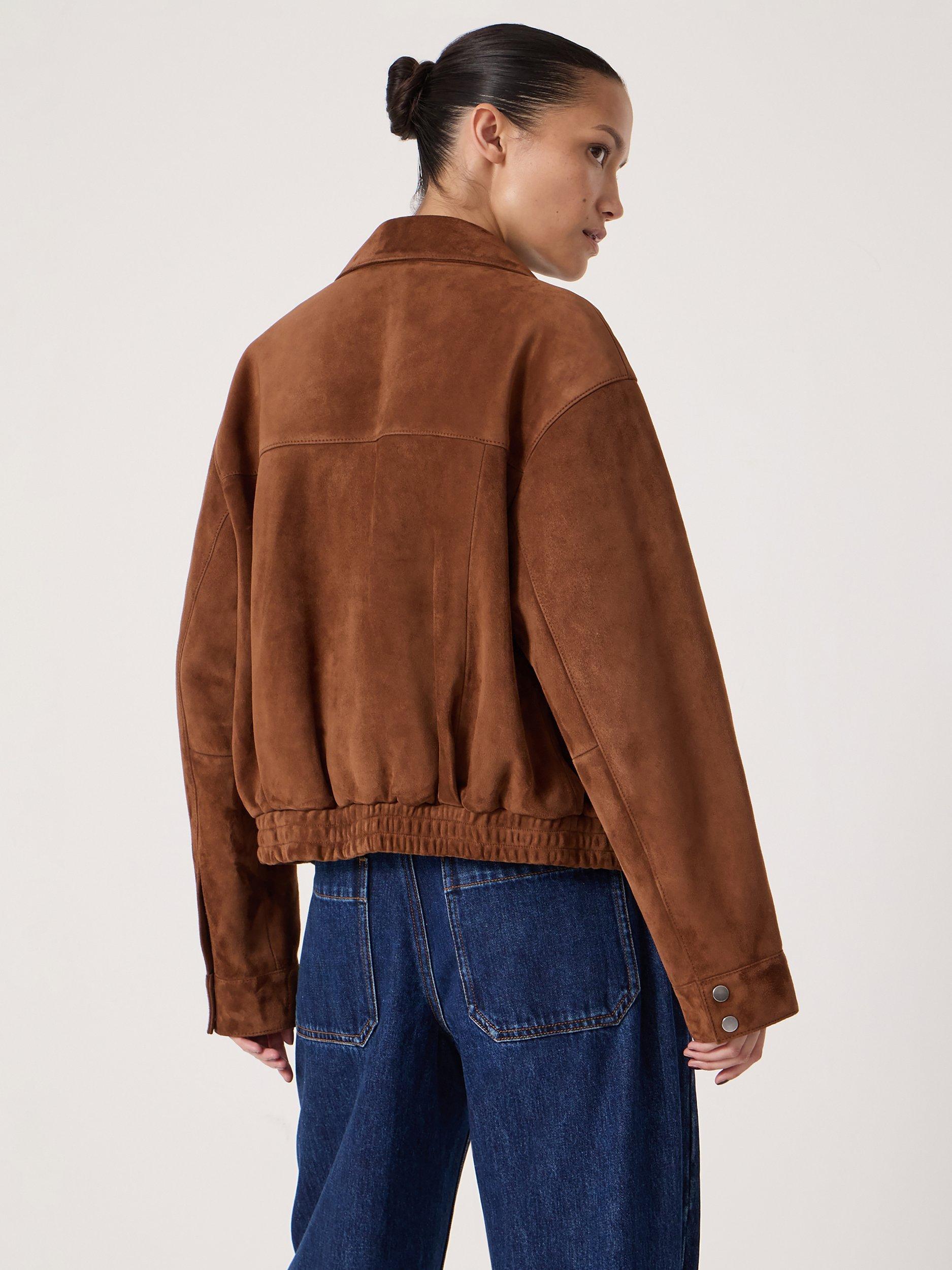 Product image 2 of 5, which shows HUSH Bomber Suede Jacket, Toffee Brown, L-XL