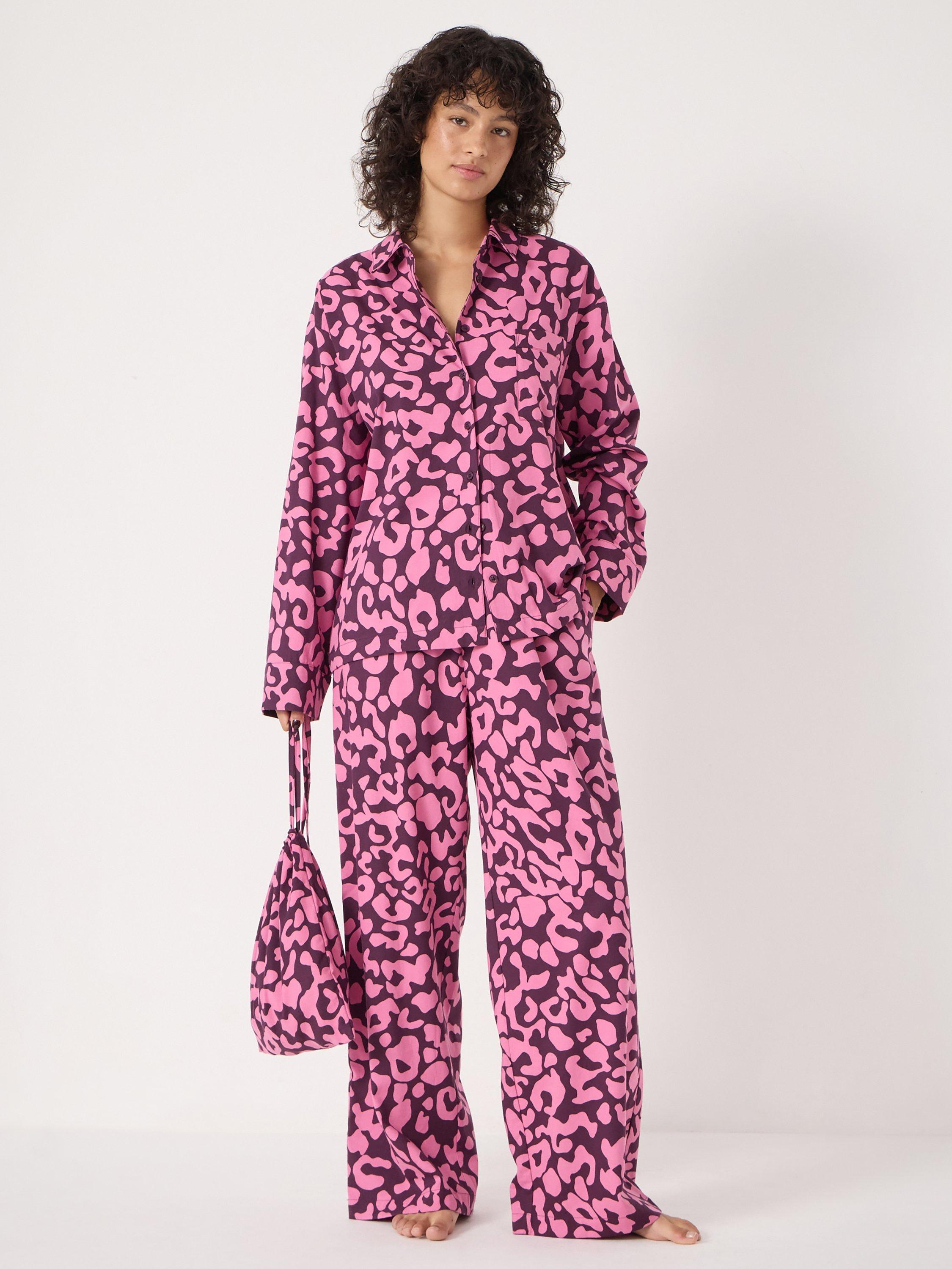 Product image 1 of 6, which shows HUSH Animal Print Button Through Long Pyjama Set, Pink/Multi, XS-S