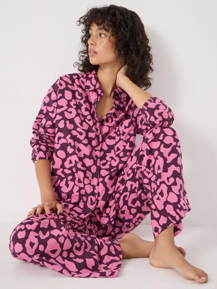HUSH Animal Print Button Through Long Pyjama Set - view 2, Pink/Multi