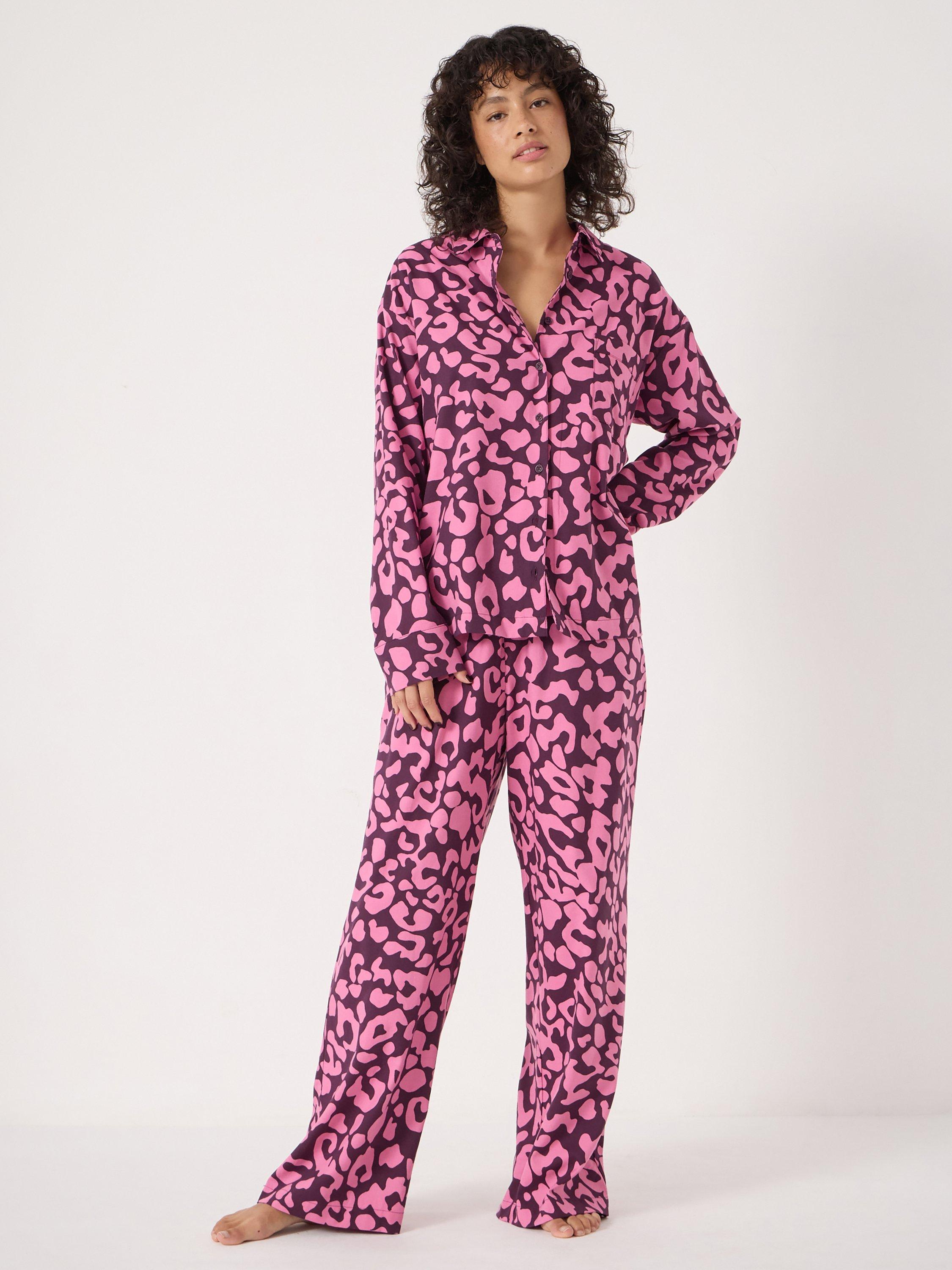 Product image 3 of 6, which shows HUSH Animal Print Button Through Long Pyjama Set, Pink/Multi, XS-S