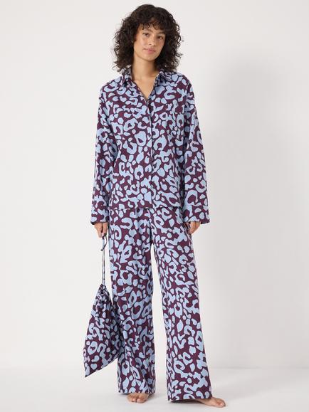 HUSH Animal Print Button Through Long Pyjama Set, Blue/Multi
