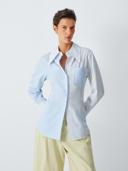 John Lewis x REJINA PYO Mixed Stripe Cotton Shirt, Blue/White, Blue/White