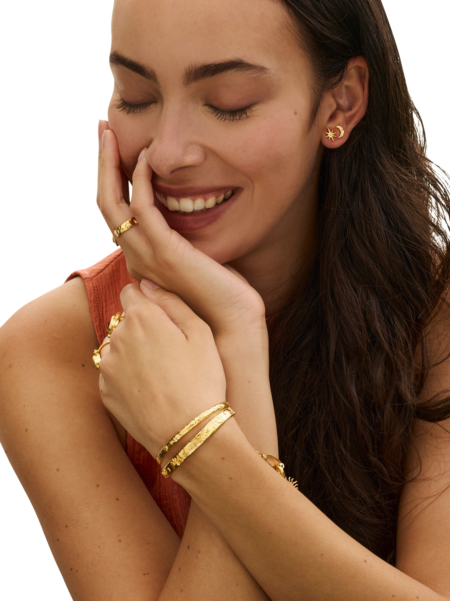 Product image 2 of 5, which shows Ottoman Hands Crystal Star Cuff, Gold