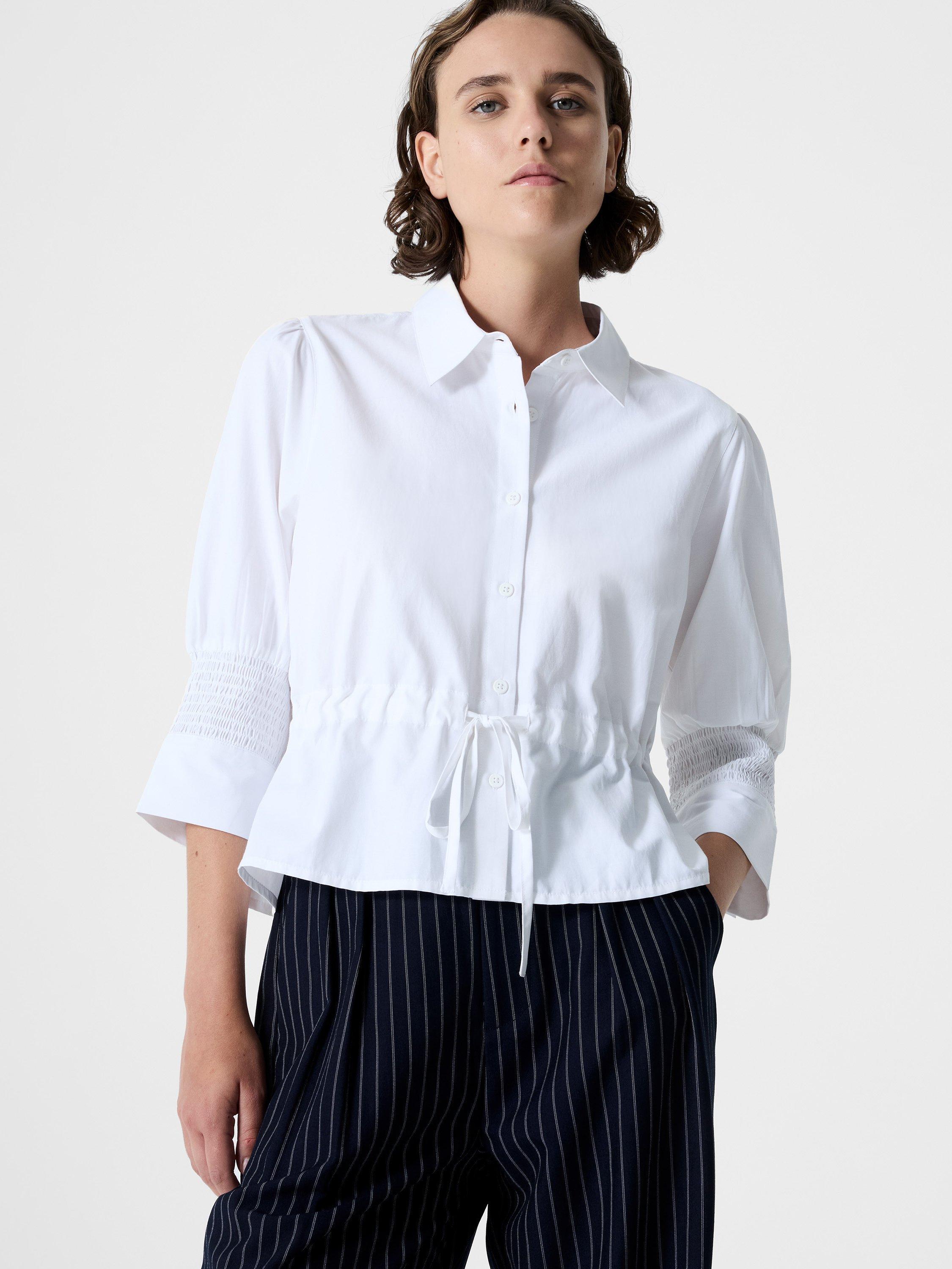 Product image 1 of 4, which shows French Connection Era Collar Poplin Cotton Blend Blouse, Linen White, XS