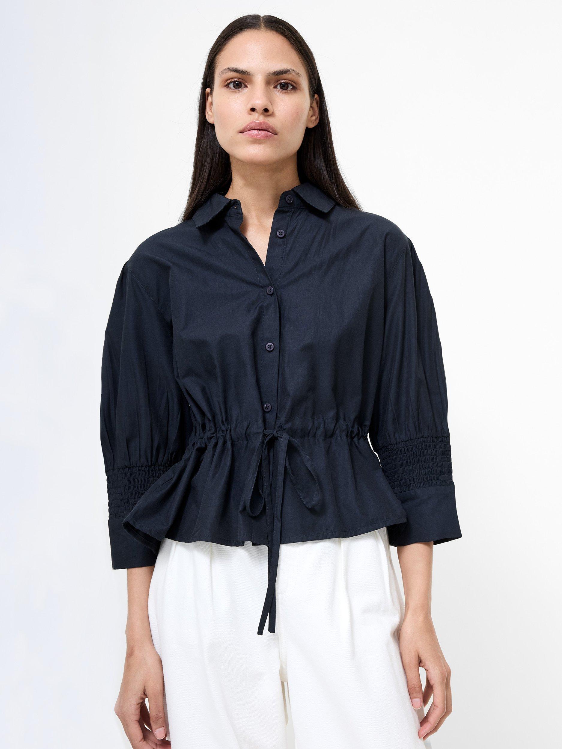 Product image 1 of 5, which shows French Connection Era Collar Poplin Cotton Blend Blouse, Navy, XS