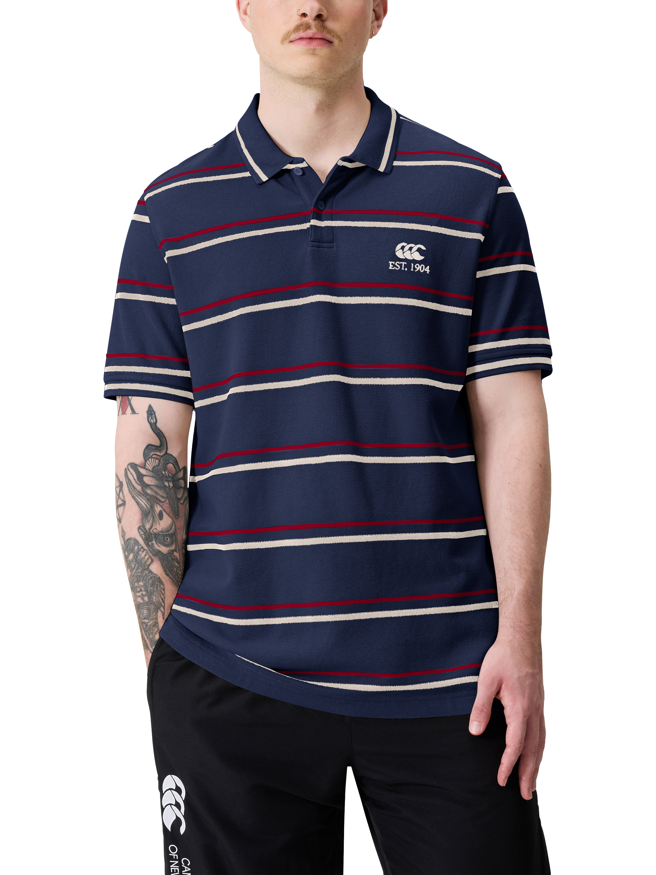 Product image 1 of 7, which shows Canterbury Multi Stripe CCC Polo Shirt, Blue Stripe, S
