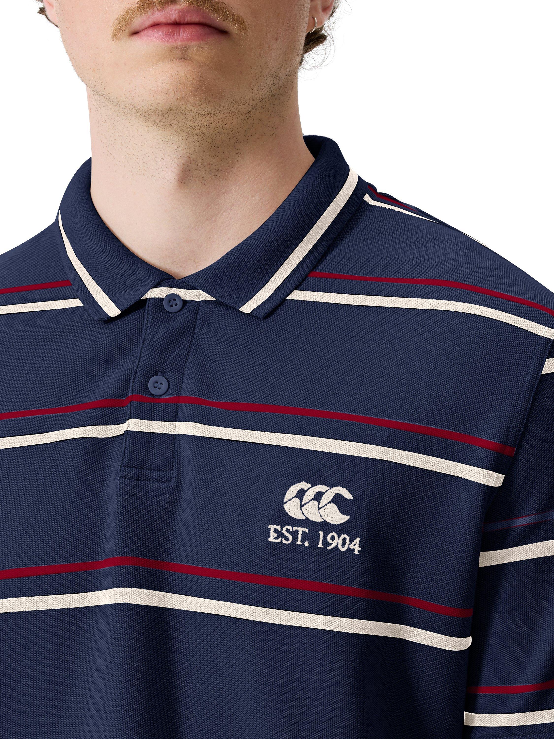 Product image 7 of 7, which shows Canterbury Multi Stripe CCC Polo Shirt, Blue Stripe, S