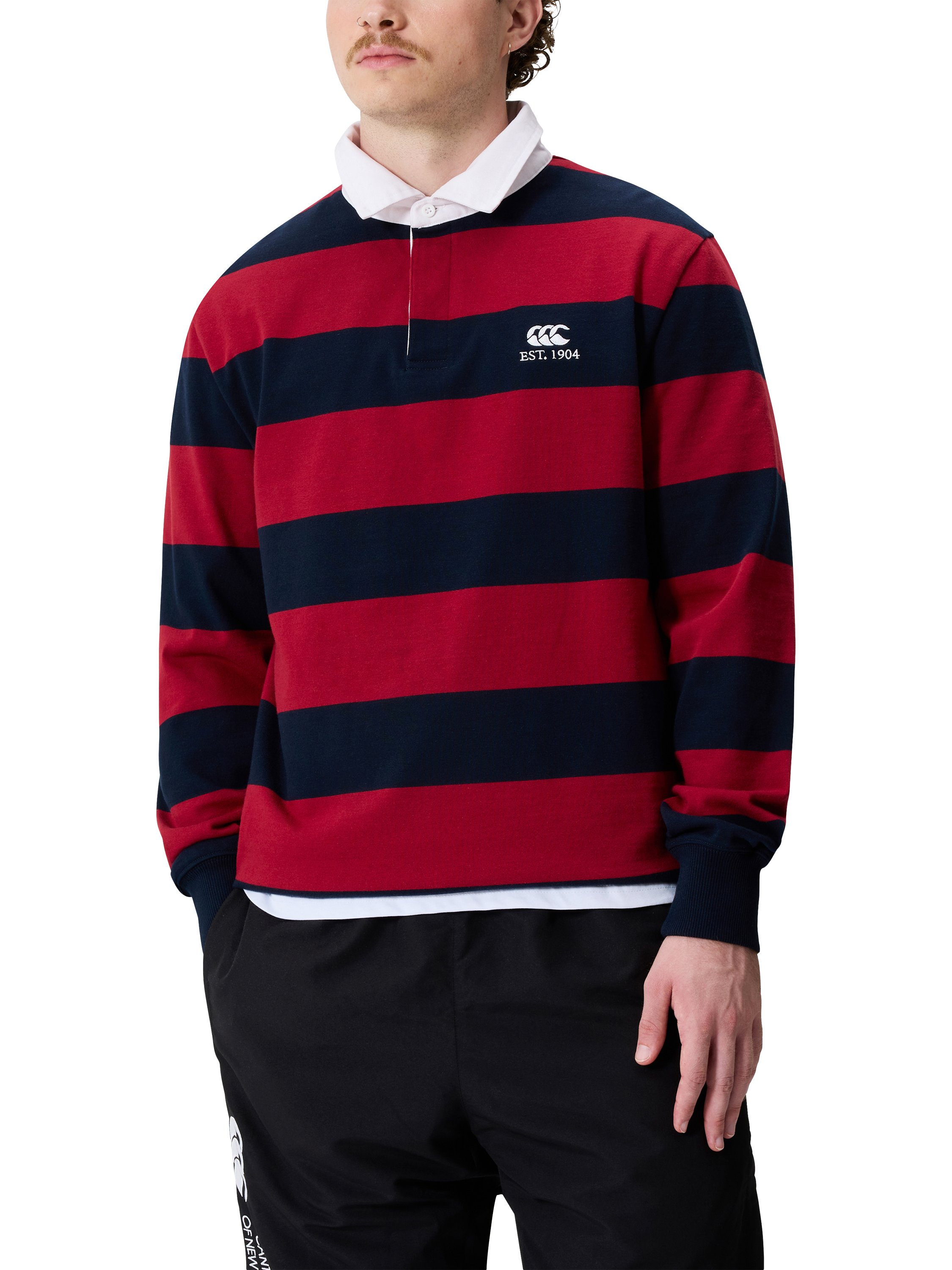 Product image 1 of 8, which shows Canterbury CCC Hoop Rugby Jersey, Red/Blue, S