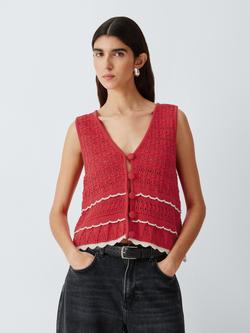 AND/OR Scallop Trim Knitted Waistcoat, Red, Red