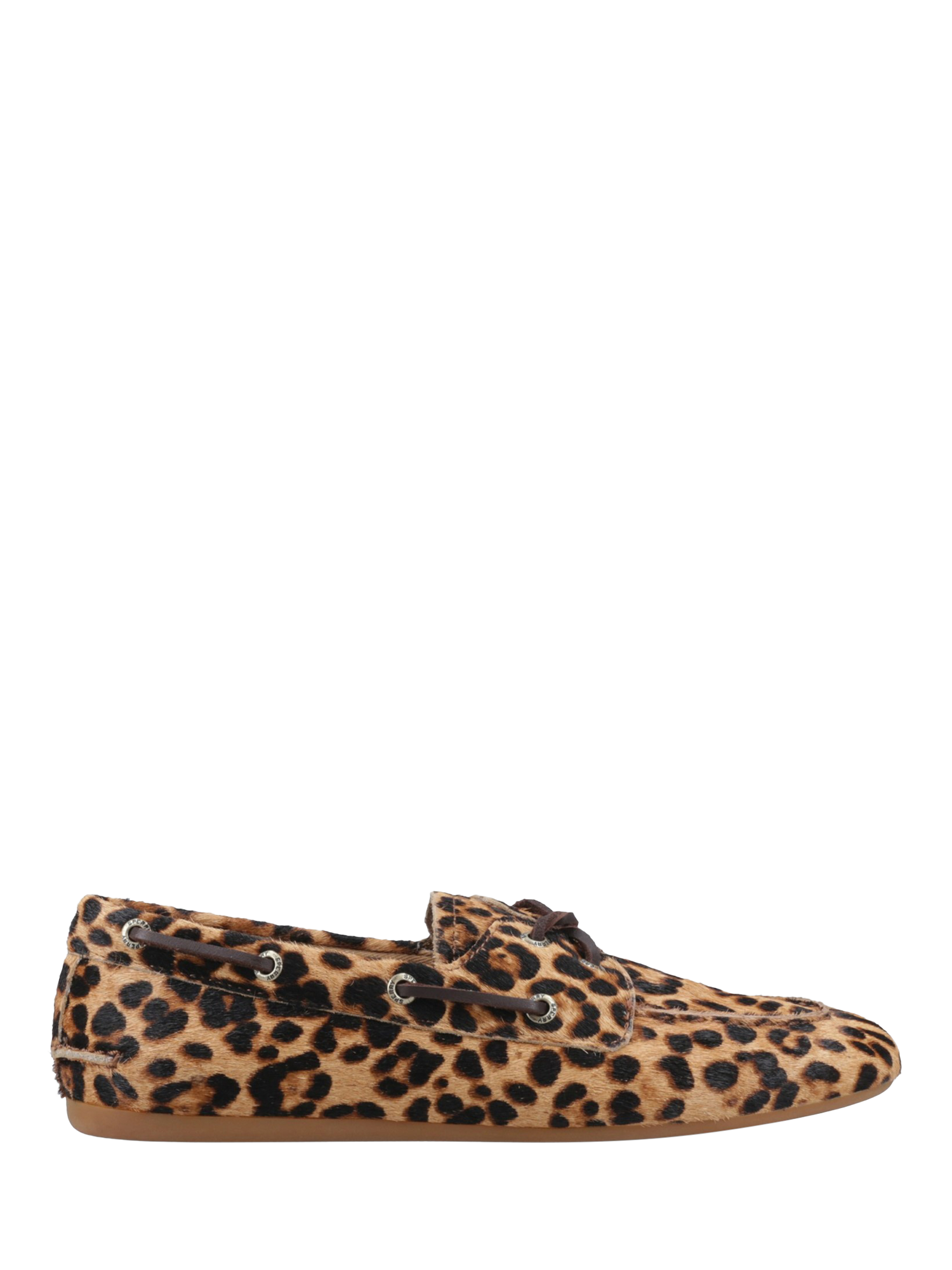 Product image 1 of 6, which shows Sperry Leopard Print Leather Slim Boat Shoes, Tan, 4