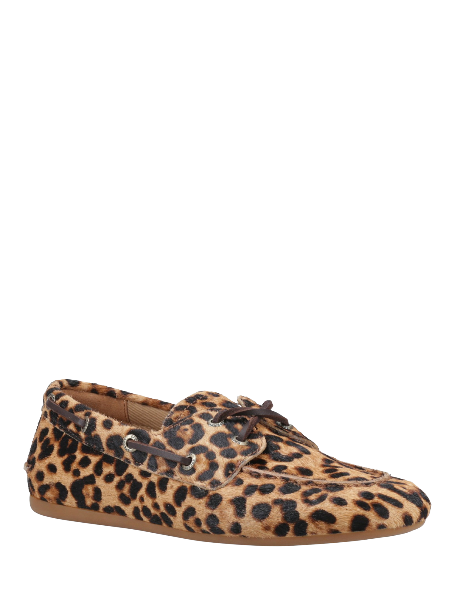 Product image 2 of 6, which shows Sperry Leopard Print Leather Slim Boat Shoes, Tan, 4