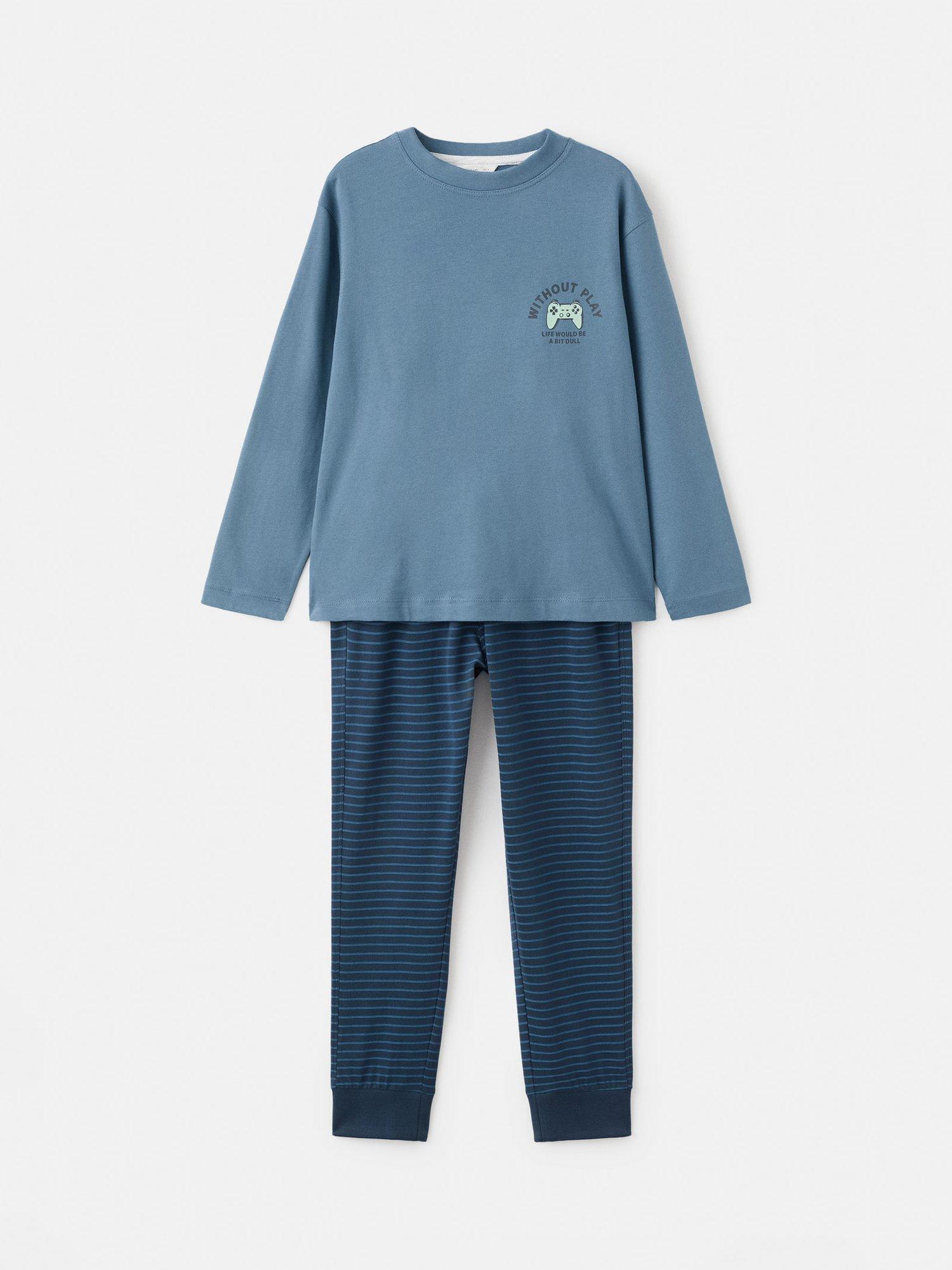 Product image 1 of 4, which shows Mango Kids' Player Cotton Long Sleeved Pyjama Set, Dark Blue, 11-12 years