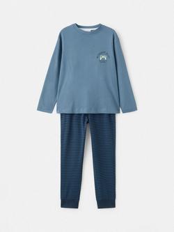 Mango Kids' Player Cotton Long Sleeved Pyjama Set, Dark Blue, Dark Blue