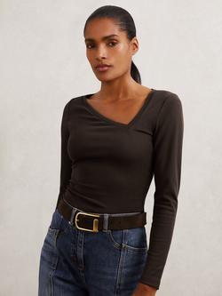 Reiss Felicity Asymmetric V-Neck Top, Chocolate Brown, Chocolate Brown