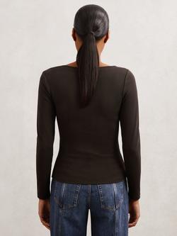 Reiss Felicity Asymmetric V-Neck Top, Chocolate Brown - view 2, Chocolate Brown