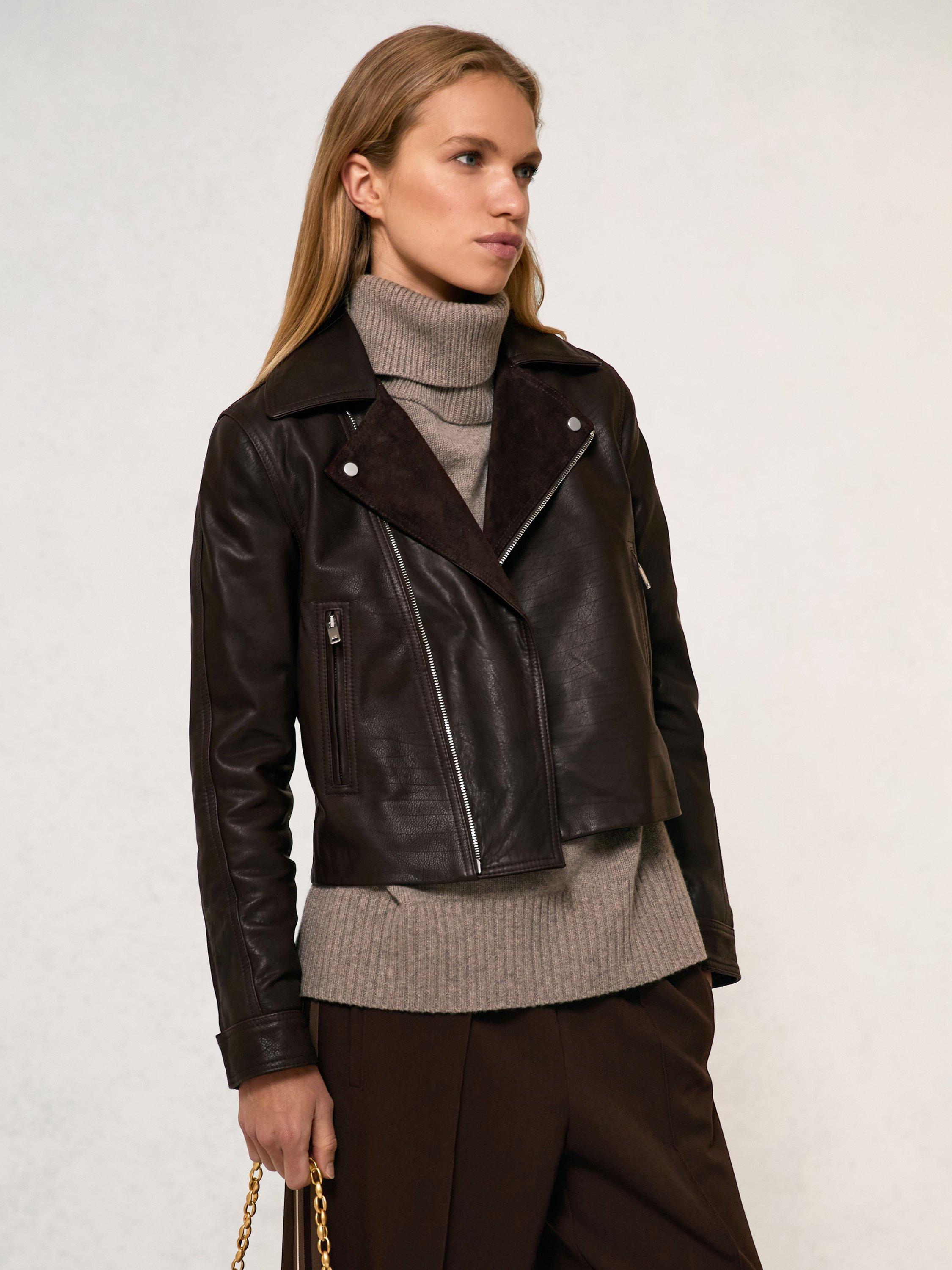 Product image 1 of 5, which shows Reiss Petite Lidia Pure Leather Biker Jacket, Chocolate Brown, 8Pt