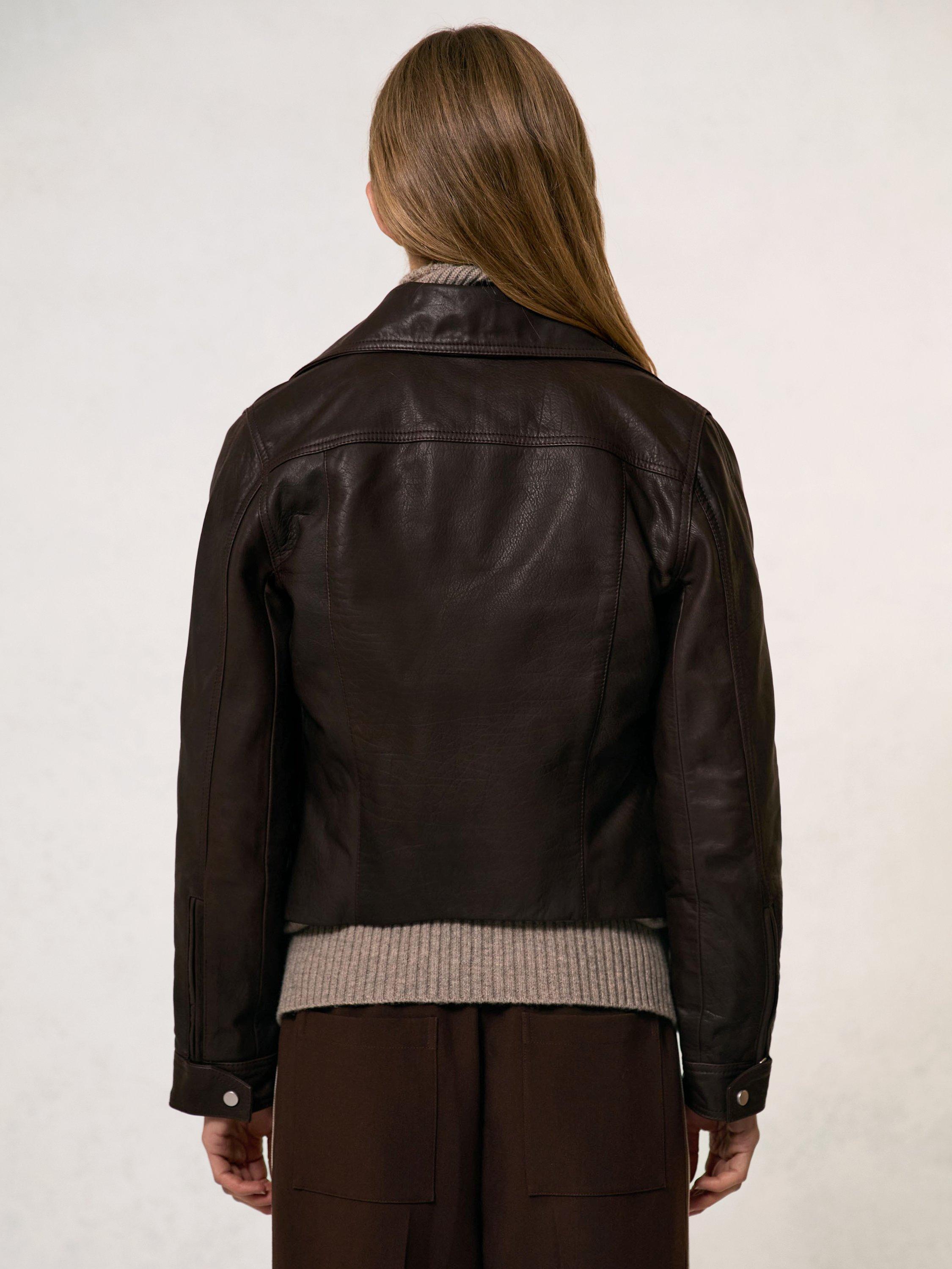Product image 2 of 5, which shows Reiss Petite Lidia Pure Leather Biker Jacket, Chocolate Brown, 8Pt