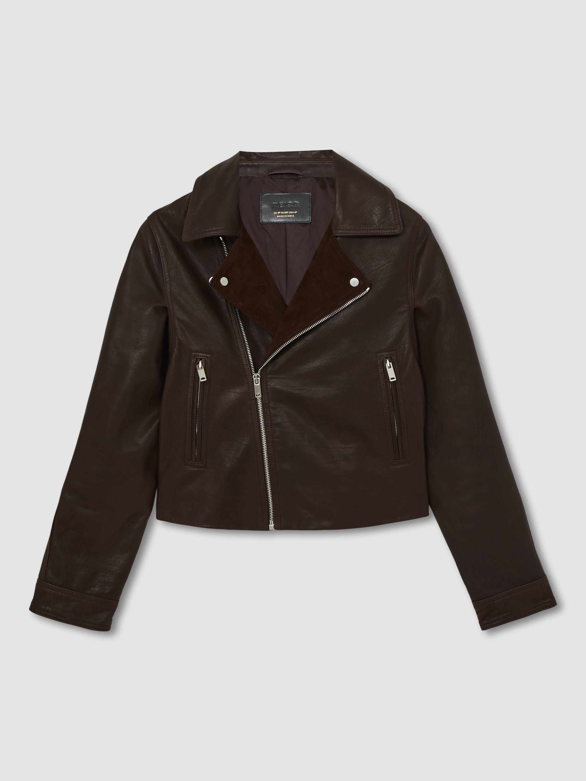 Product image 3 of 5, which shows Reiss Petite Lidia Pure Leather Biker Jacket, Chocolate Brown, 8Pt
