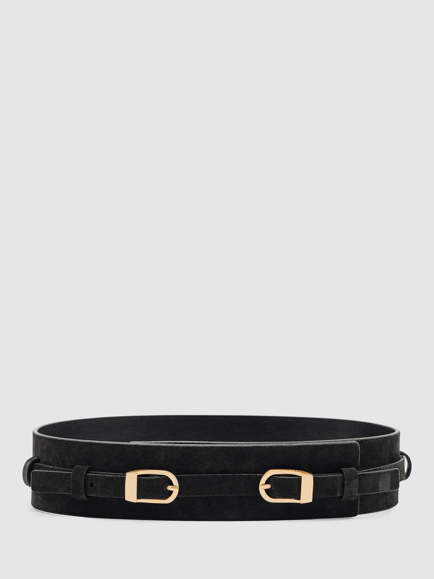 Product image 1 of 5, which shows Reiss Petula Double Buckle Leather Belt, Dark Brown, S