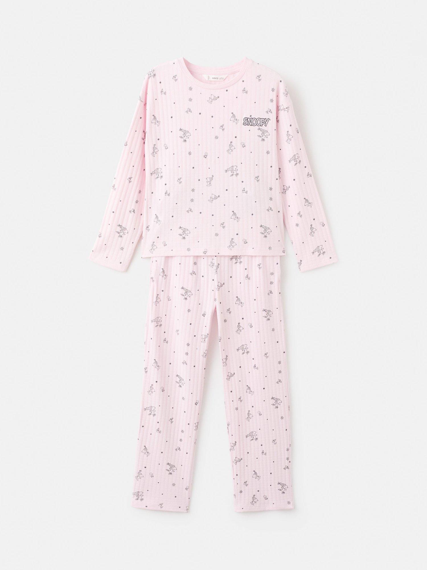 Product image 1 of 4, which shows Mango Kids' Cotton Blend Snoopy Print Pyjama Set, Pink, 11-12 years