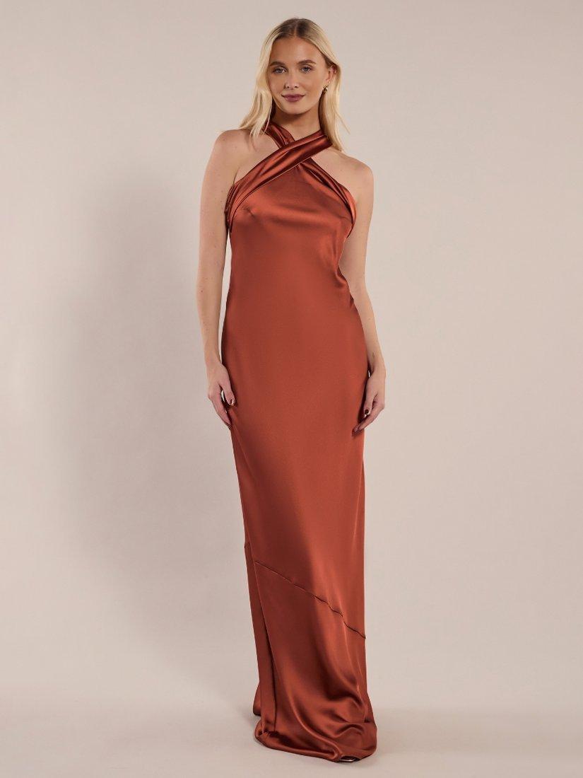 Product image 1 of 8, which shows Rewritten Roma Halterneck Satin Maxi Dress, Cinnamon, 8