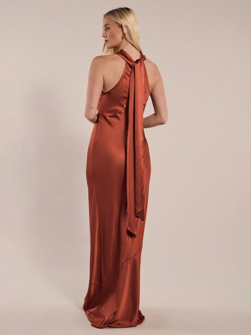 Product image 5 of 8, which shows Rewritten Roma Halterneck Satin Maxi Dress, Cinnamon, 8