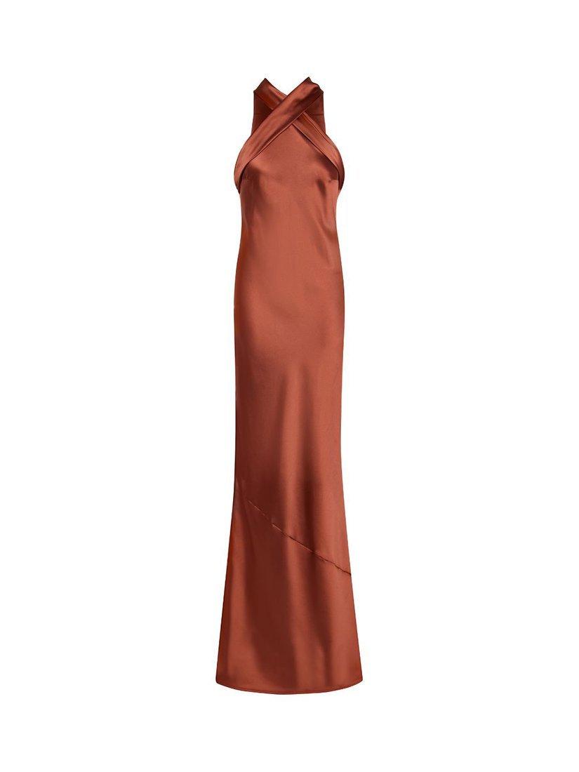 Product image 6 of 8, which shows Rewritten Roma Halterneck Satin Maxi Dress, Cinnamon, 8