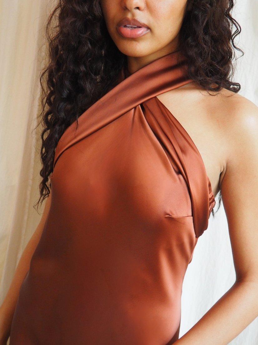 Product image 8 of 8, which shows Rewritten Roma Halterneck Satin Maxi Dress, Cinnamon, 8