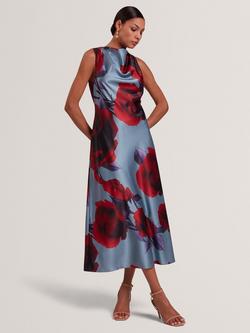 Ted Baker Harrlia Sleeveless Cowl Neck Midi Dress, Blue/Multi, Blue/Multi