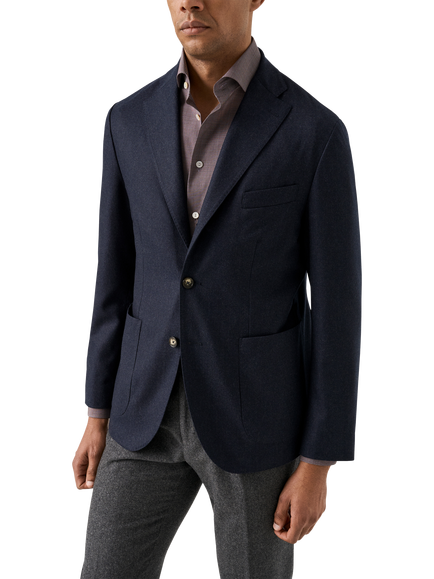 Eton Prince of Wales Check Wool Flannel Soft Jacket, Navy Blue, Navy Blue