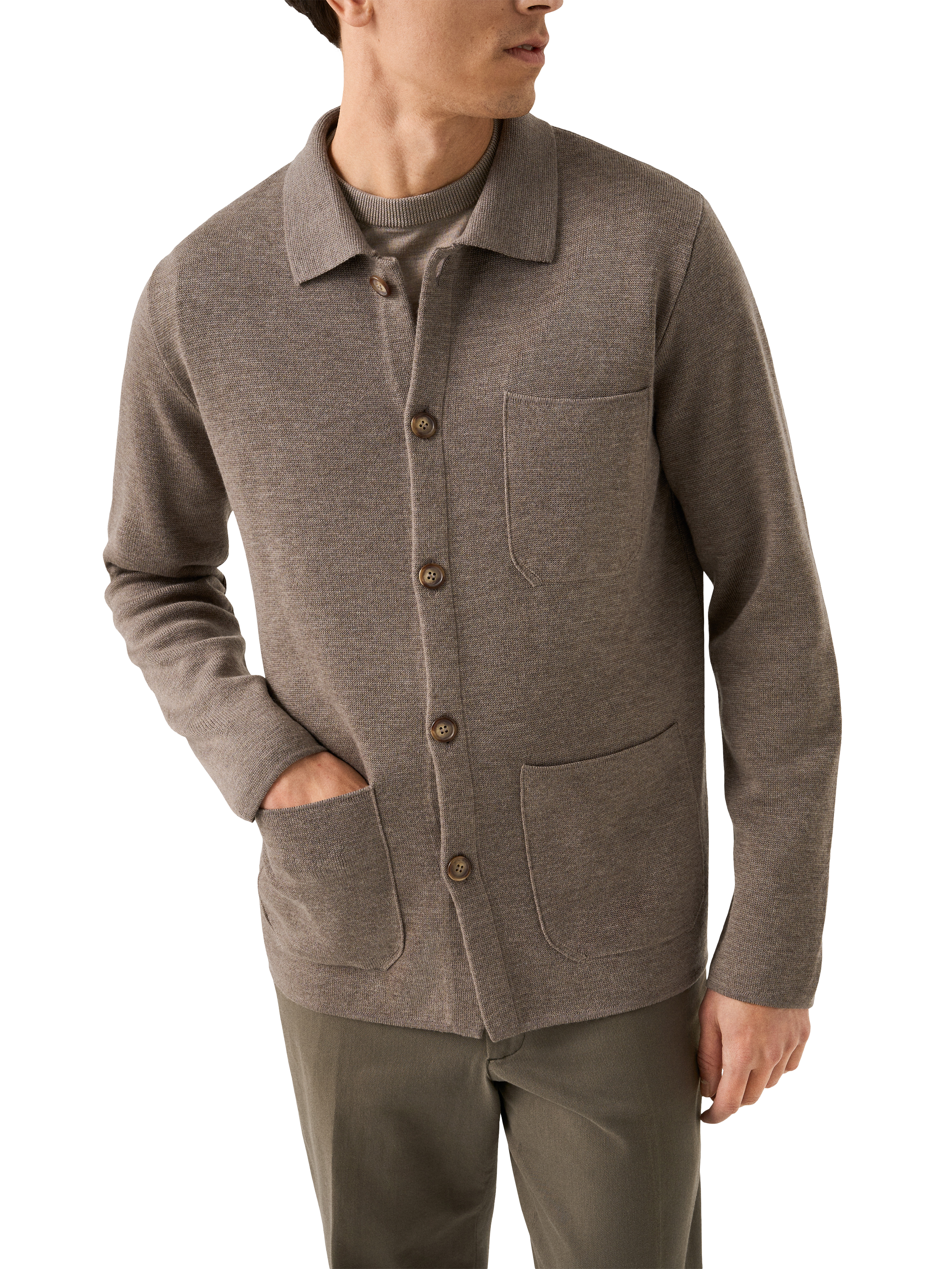 Product image 1 of 7, which shows Eton Knit Extra Fine Merino Wool Overshirt, Beige, S