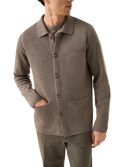 Eton Knit Extra Fine Merino Wool Overshirt, Beige, Beige