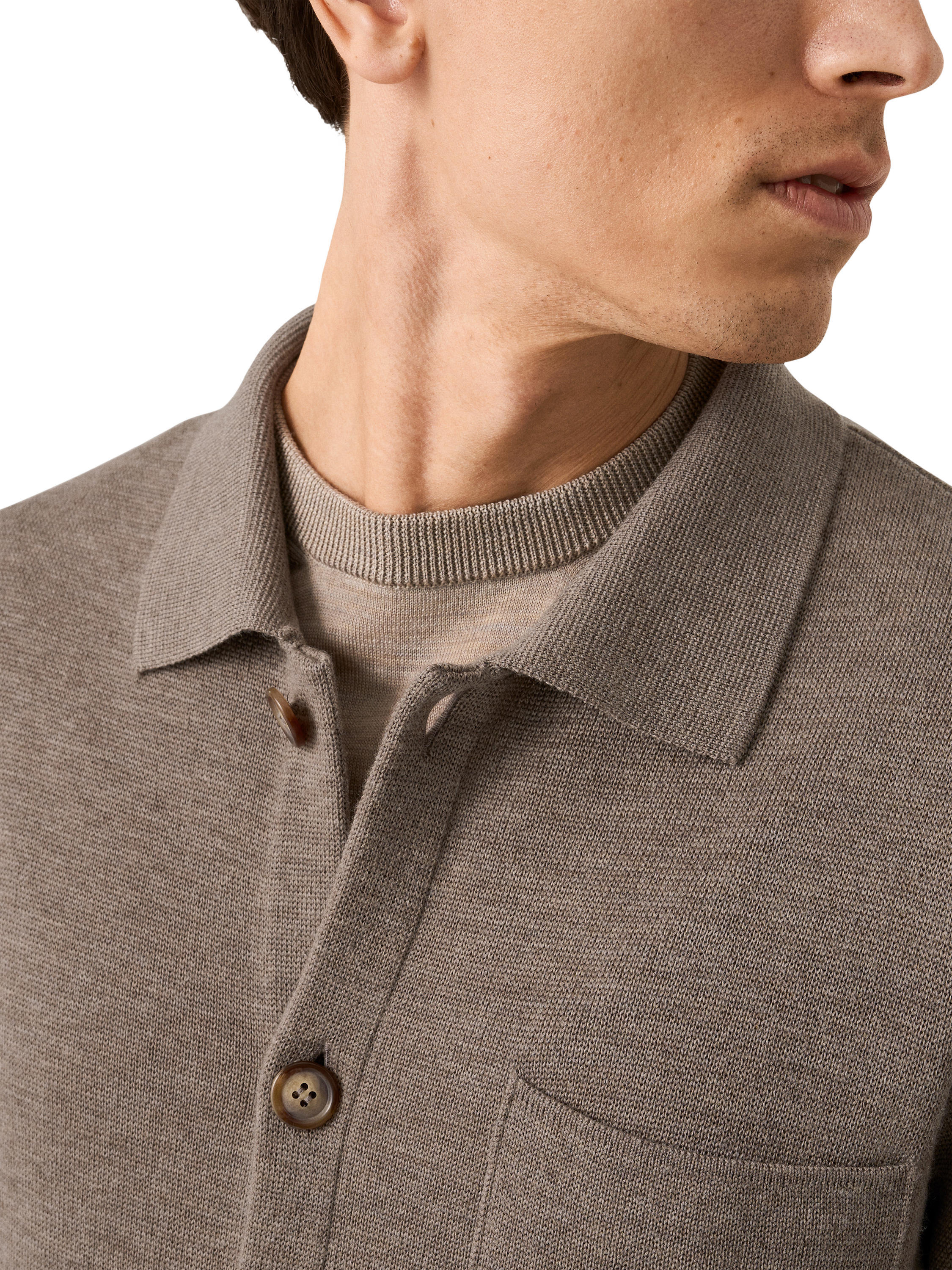 Product image 3 of 7, which shows Eton Knit Extra Fine Merino Wool Overshirt, Beige, S