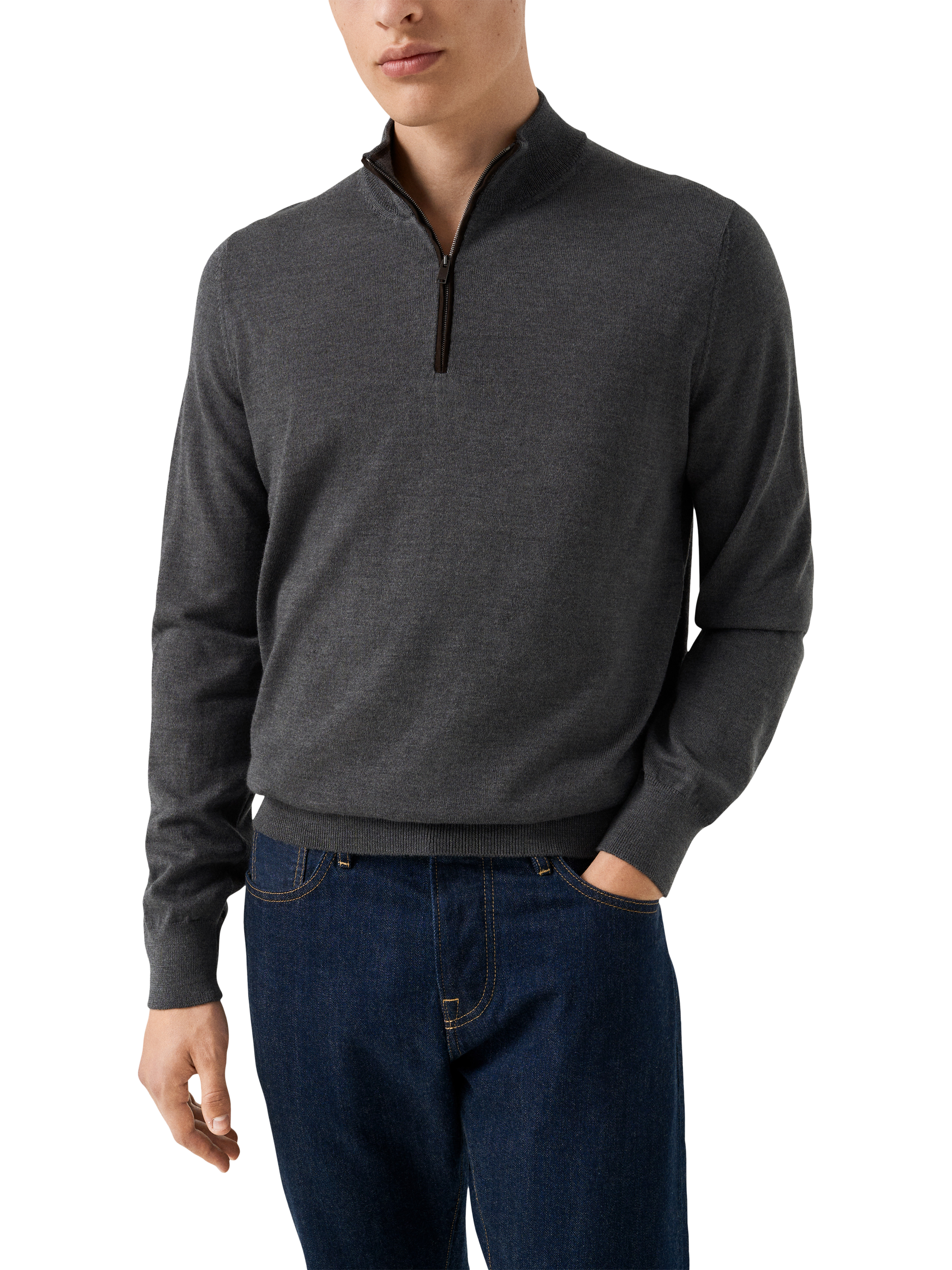 Product image 1 of 7, which shows Eton Half Zip Merino Wool Knit Polo Neck Jumper, Dark Grey, S