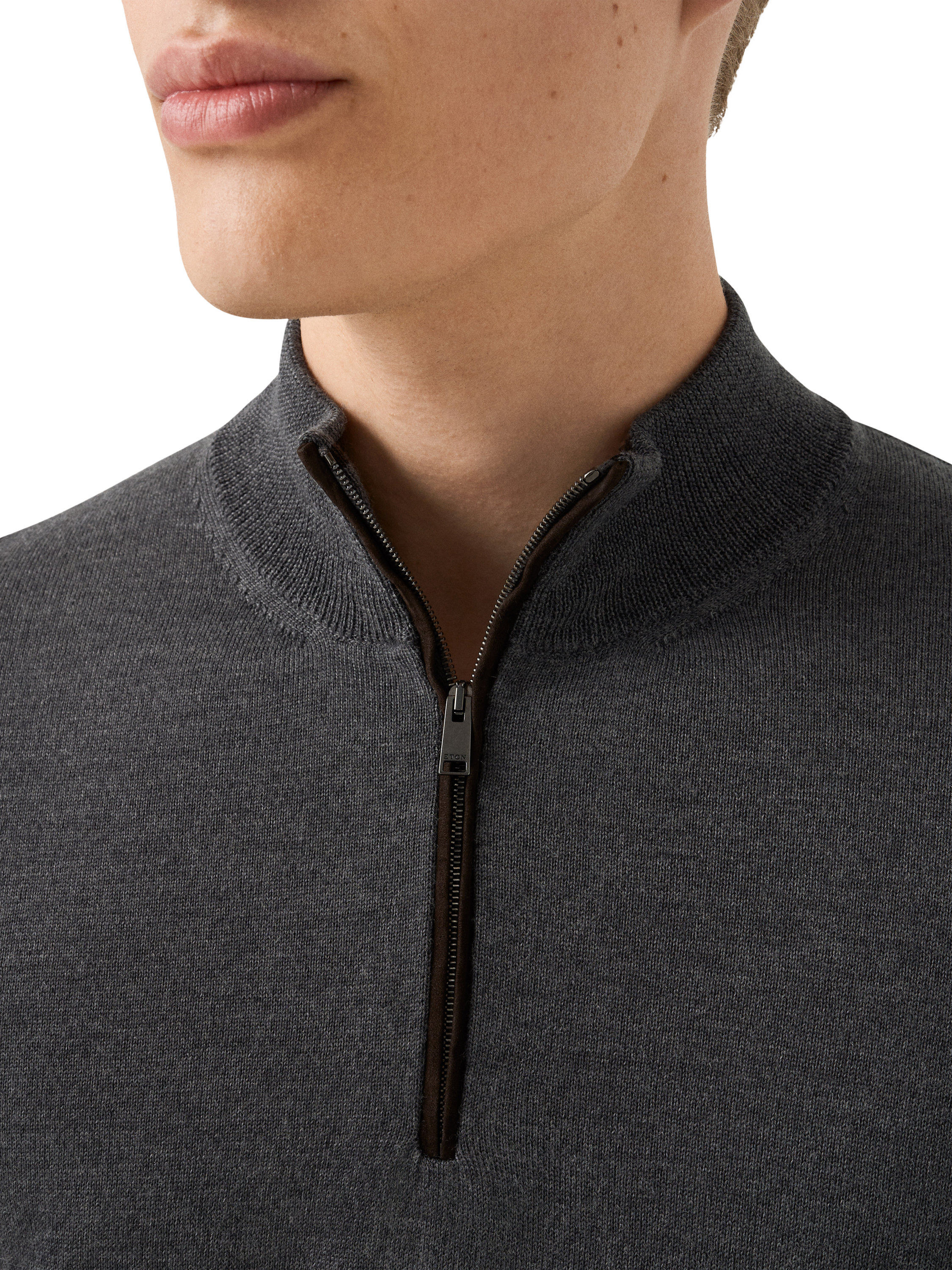 Product image 3 of 7, which shows Eton Half Zip Merino Wool Knit Polo Neck Jumper, Dark Grey, S