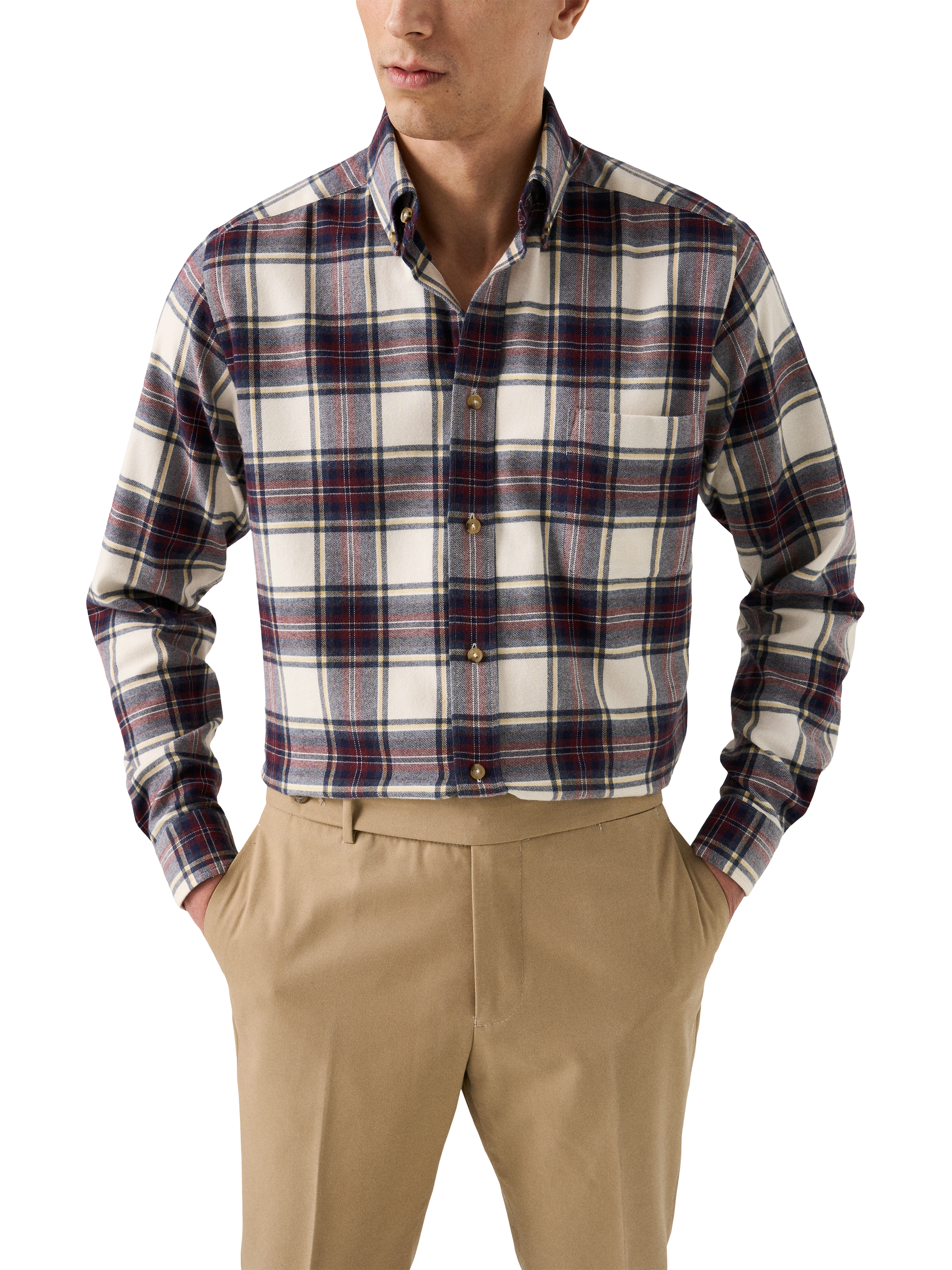 Product image 1 of 8, which shows Eton Button Down Collar Check Cotton Shirt, Navy Blue, S