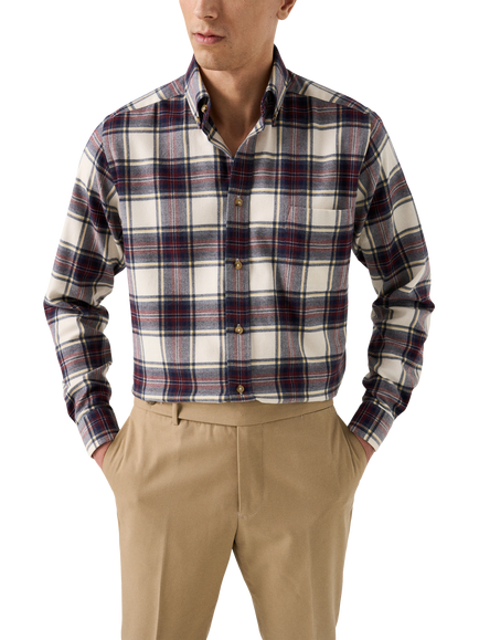 Eton Button Down Collar Check Cotton Shirt, Navy Blue, Navy Blue