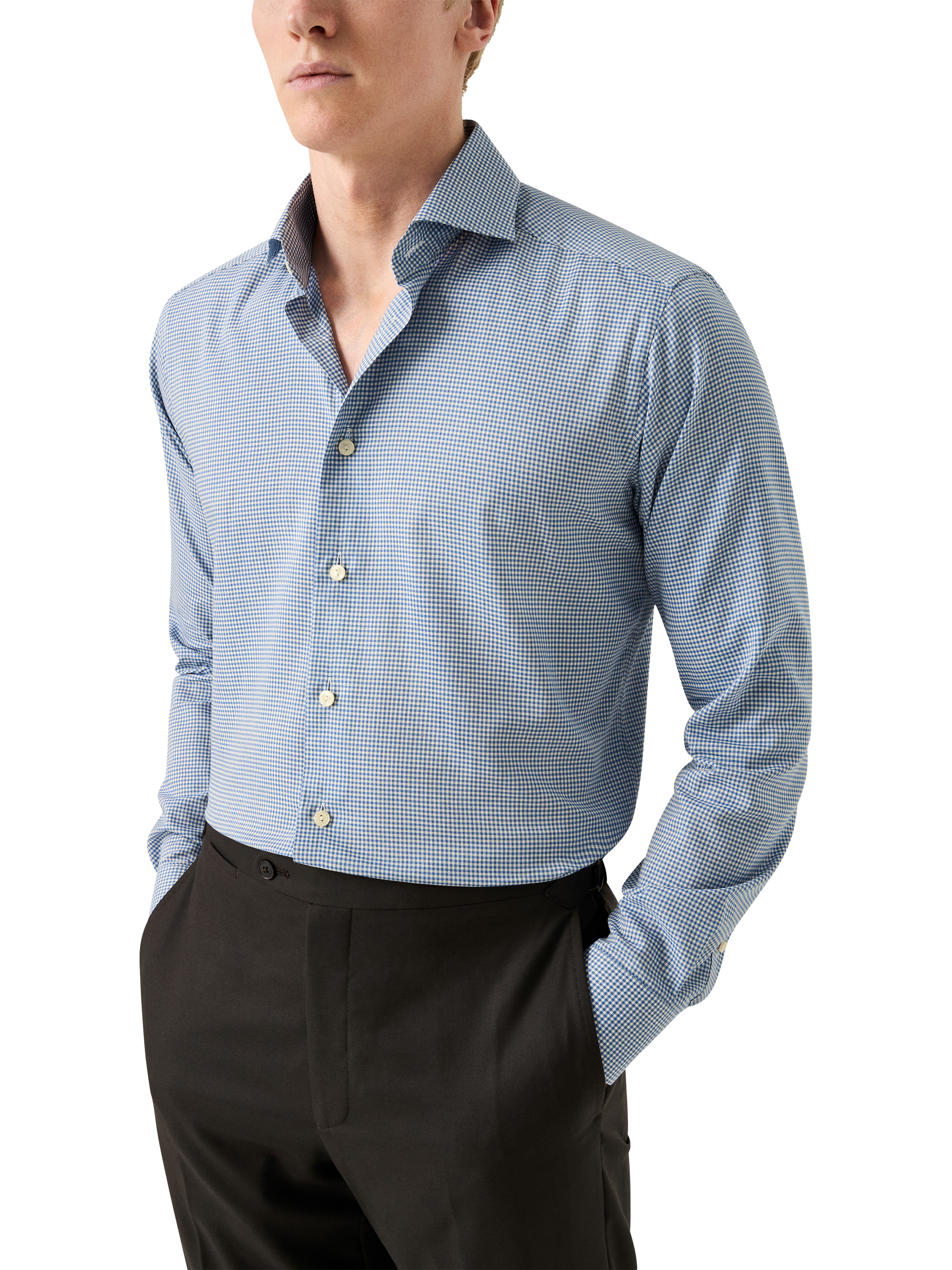Product image 1 of 8, which shows Eton Micro Check Supima Cotton Shirt, Mid Blue, 14.5
