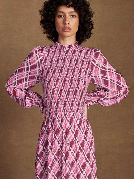 Ro&Zo Shirred Panel Check Dress, Pink - view 2, Pink