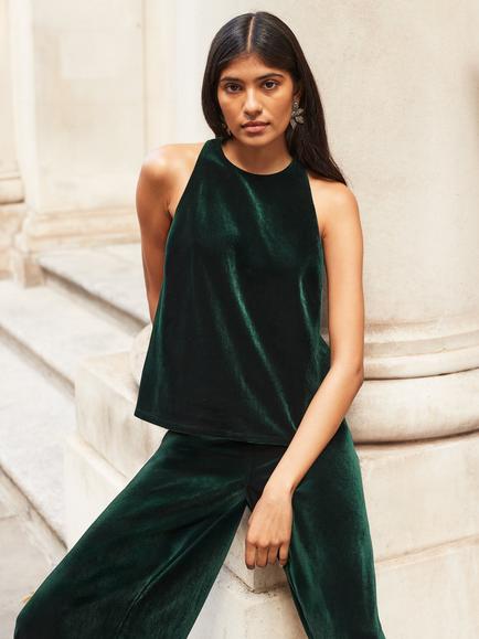 Ro&Zo Halterneck Velvet Top, Green, Green