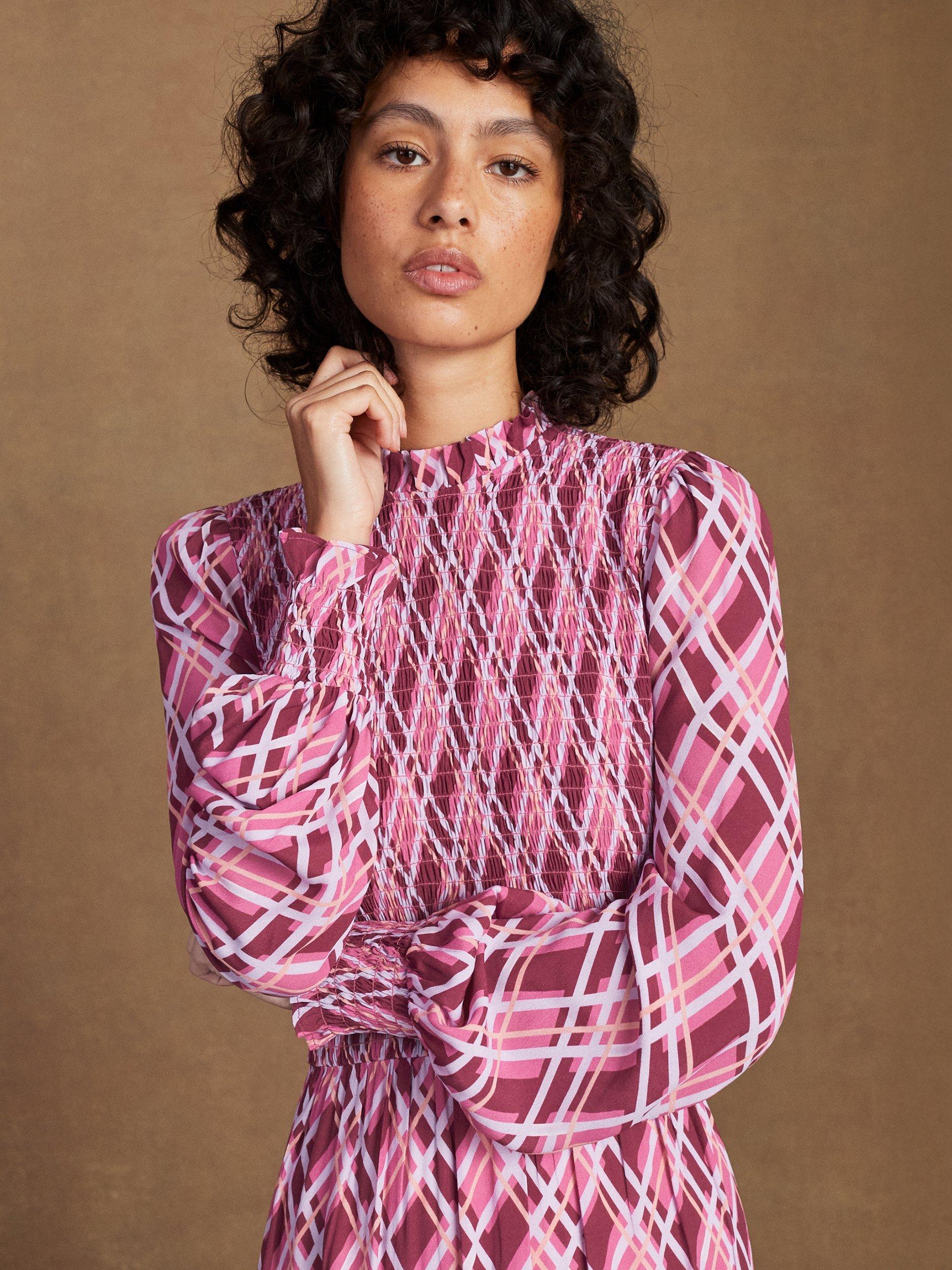 Product image 5 of 6, which shows Ro&Zo Petite Shirred Panel Check Dress, Pink, 6Pt