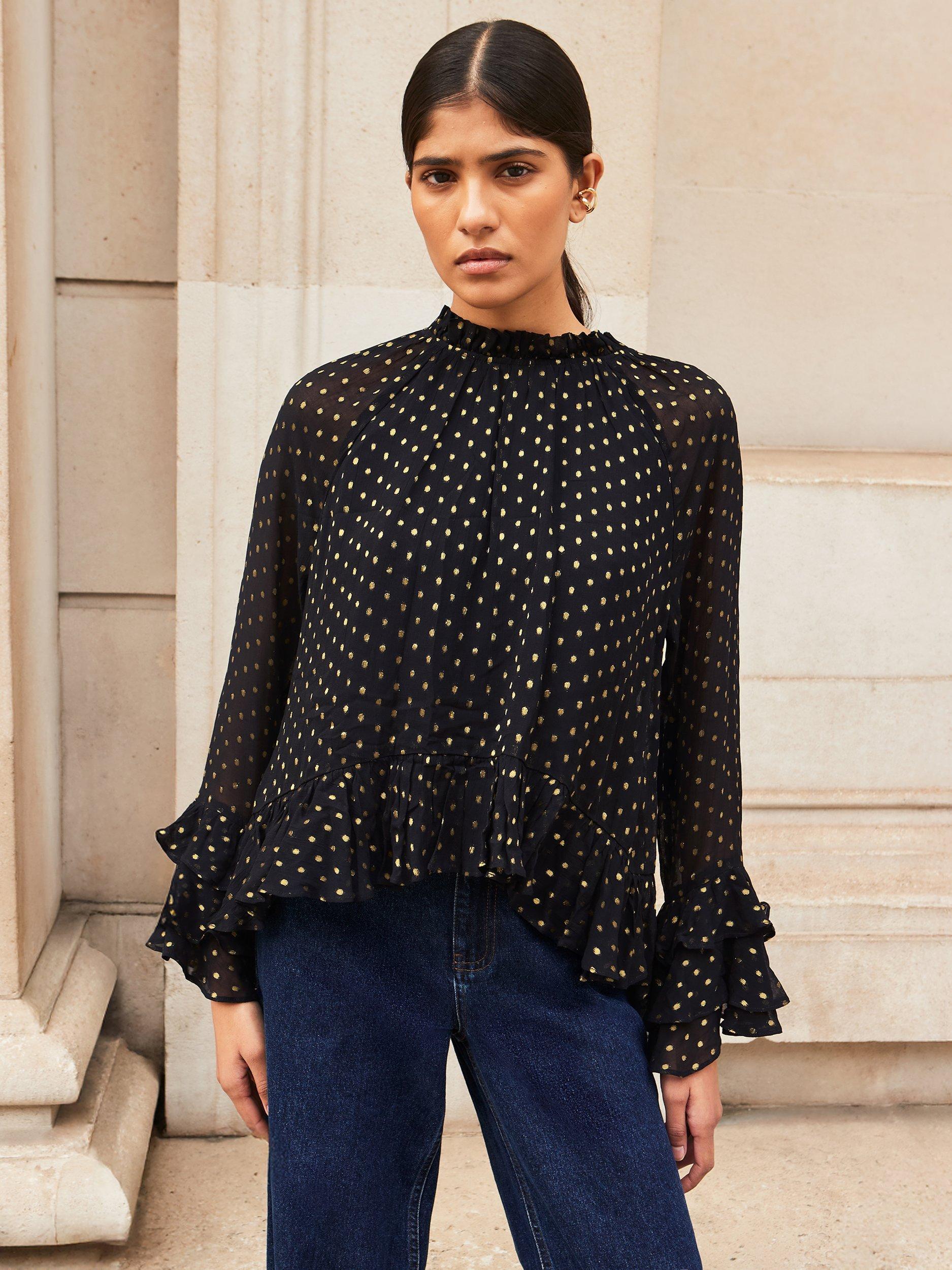 Product image 1 of 4, which shows Ro&Zo Polka Dot Long Sleeve High Neck Blouse, Gold/Black, 6