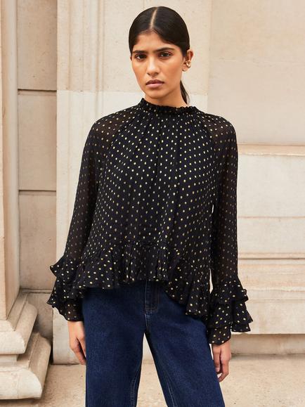 Ro&Zo Polka Dot Long Sleeve High Neck Blouse, Gold/Black
