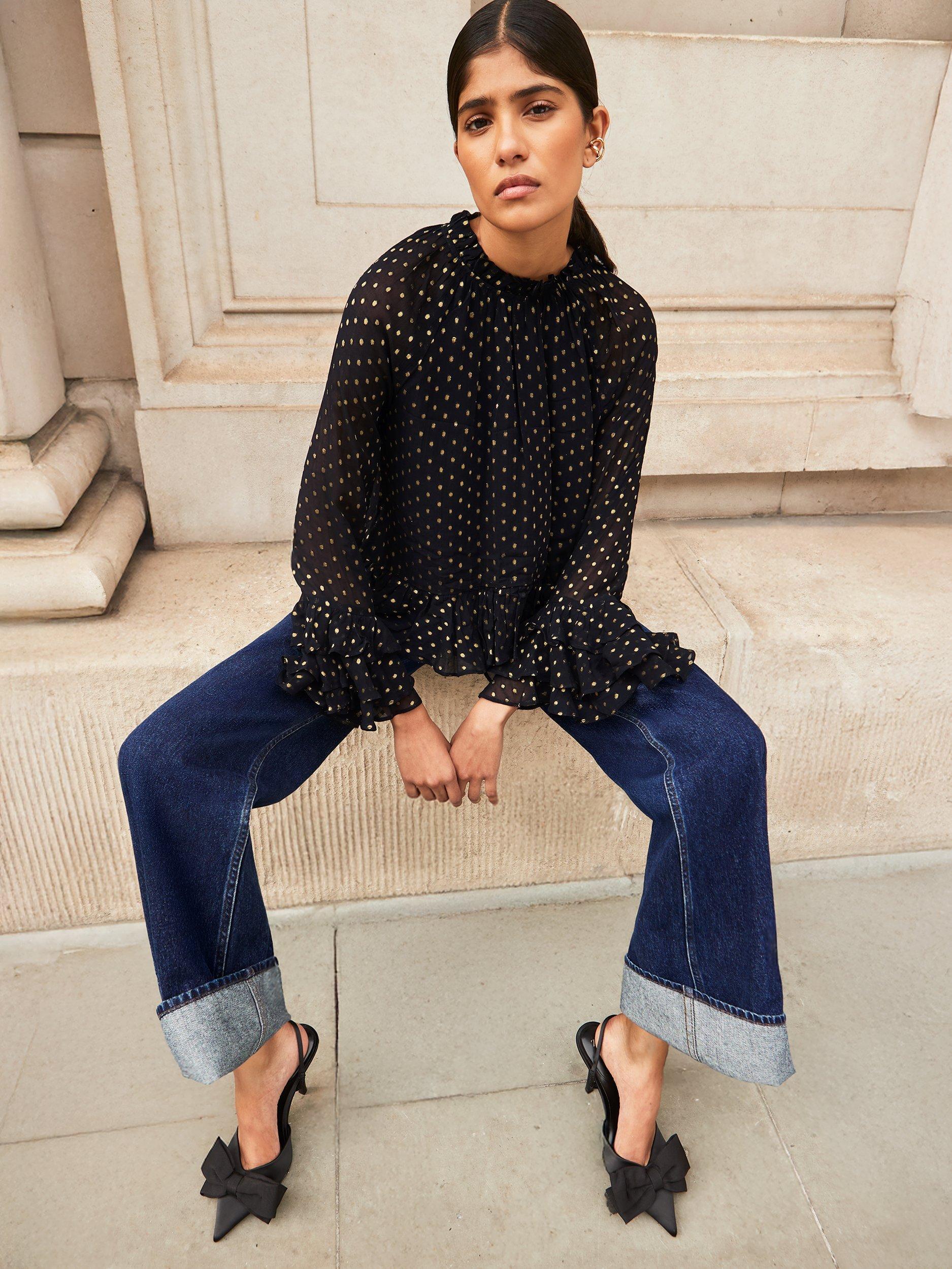 Product image 3 of 4, which shows Ro&Zo Polka Dot Long Sleeve High Neck Blouse, Gold/Black, 6