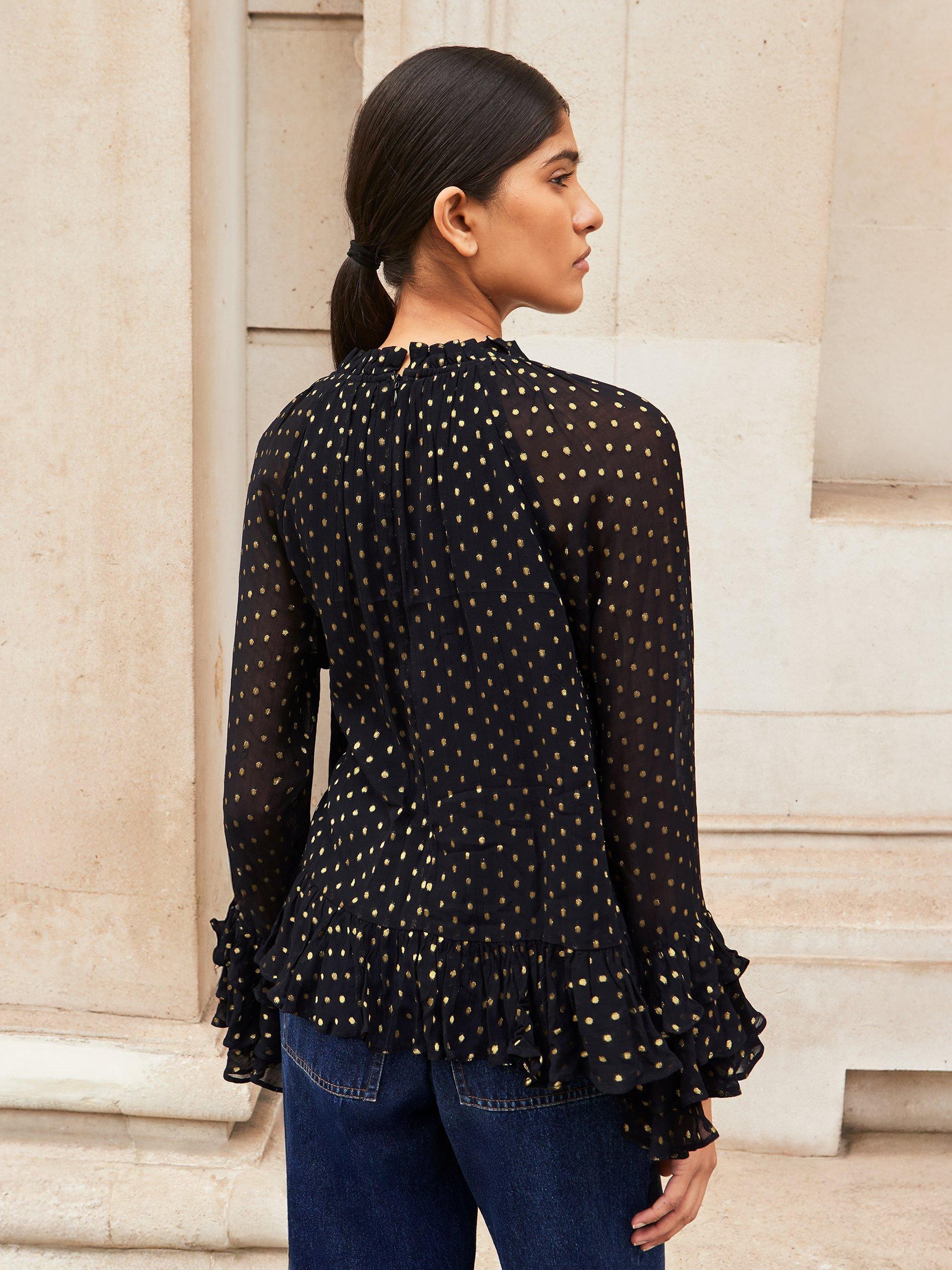 Product image 4 of 4, which shows Ro&Zo Polka Dot Long Sleeve High Neck Blouse, Gold/Black, 6