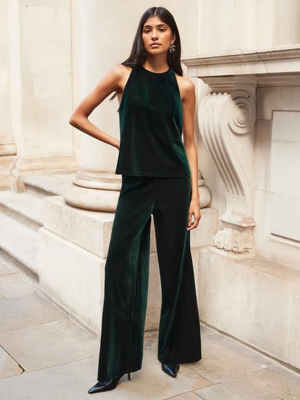 Ro&Zo Wide Leg Velvet Trousers, Green, Green